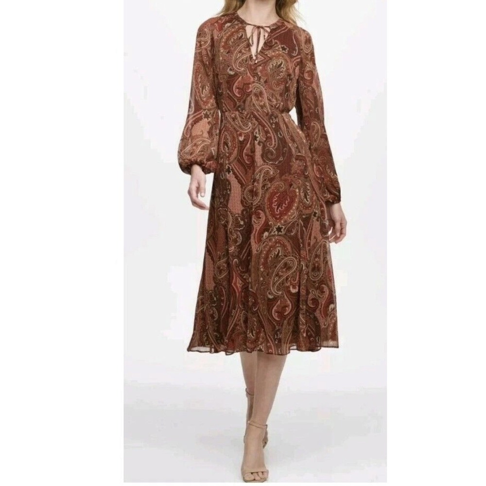 Tommy Hilfiger Balloon-Sleeve Paisley-Print Midi Dress Black/Cinnamon Sz 10 $129